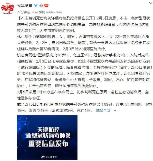 微博截图 天津现首例新型肺炎死亡病例 累计确诊69例